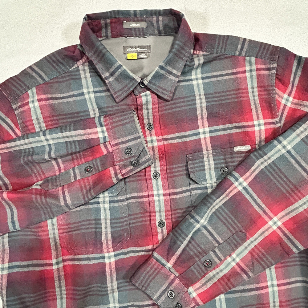 Eddie Bauer Taverex Classic Men Size TXL Burgundy Plaid Rugged Long Sleeve Shirt